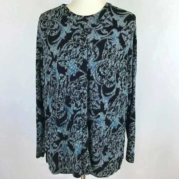 Vintage Laura Ashley Blue Metallic Floral Twinset Slinky Button Down V-Neck 1X - Picture 1 of 14